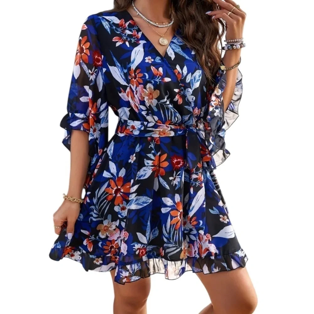 Women’s V Neck Floral A Line Dress